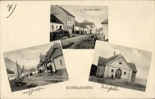 Ak Schöllschitz Želešice Brno Brünn Südmähren, Gemeindehaus, Straßenpartie