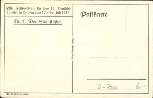 Künstler Ak Treiber, H., 12. Deutsches Turnfest in Leipzig 1913, Mann wirft Stein