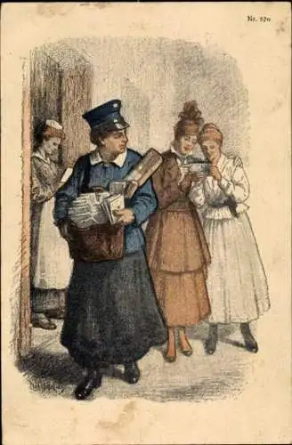 Künstler Ak Krieg 1914/1917 in Postkarten, Briefträgerin, Frau hat einen Brief erhalten