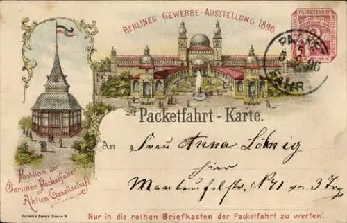 Litho Berlin Treptow, Gewerbeausstellung 1896, Private Stadtpost, Berliner Packetfahrt
