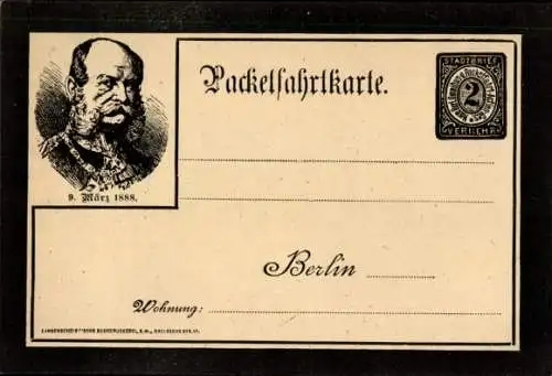 Ak Kaiser Wilhelm I. von Preußen, 1888, Private Stadtpost, Packetfahrt