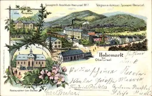 Litho Hohe Mark Hohemark Oberursel im Taunus Hessen, Spinnerei, altes und neues Restaurant