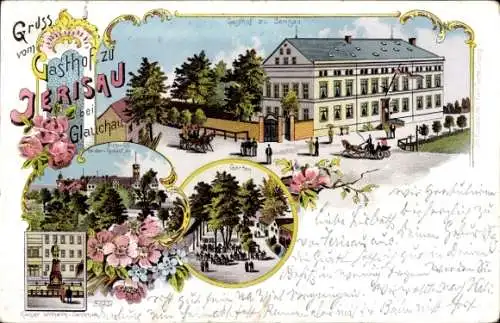Litho Jerisau Glauchau an der Zwickauer Mulde in Sachsen, Gasthof, Garten, Schloss, Denkmal