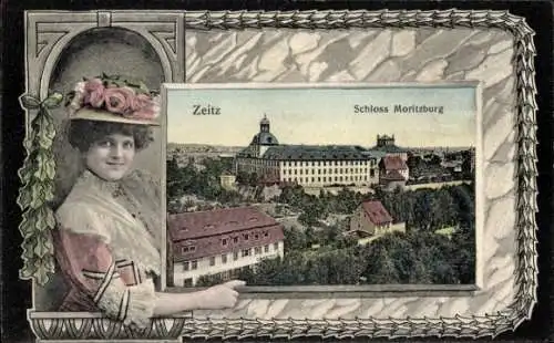 Passepartout Ak Zeitz im Burgenlandkreis, Teilansicht mit Schloss Moritzburg