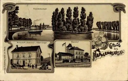 Litho Mulhouse Mülhausen Elsass Haut Rhin, Napoleonsinsel, Bahnhof, Gastwirtschaft