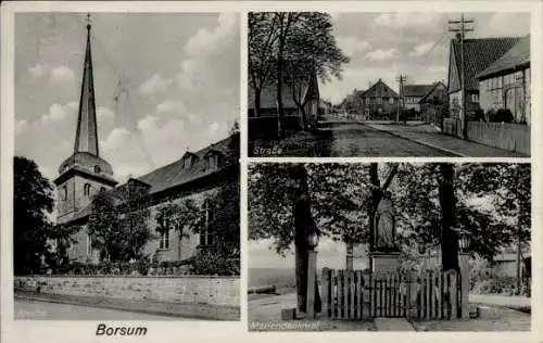 Ak Borsum Harsum in Niedersachsen, Kirche, Kriegerdenkmal, Straßenpartie