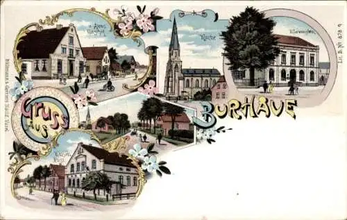 Litho Burhave Butjadingen Wesermarsch, Kirche, Gasthof, Post
