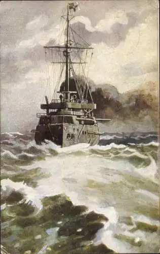 Künstler Ak Deutsches Kriegsschiff, Linienschiff auf hoher See, Panzerschiff, Kaiserliche Marine