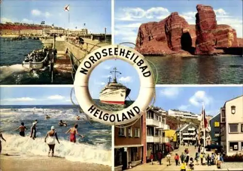 Ak Nordseeinsel Helgoland, Badegäste, Felsen, Rettungsring, Schiff