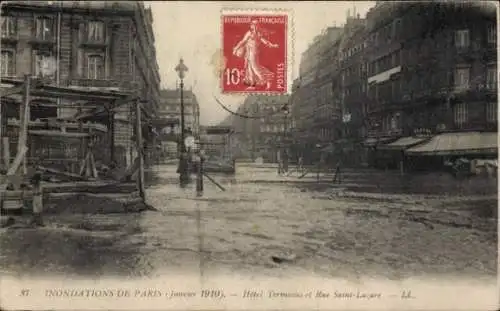 Ak Paris IX., Überschwemmungen 1910, Hotel Terminus, Rue Saint-Lazare