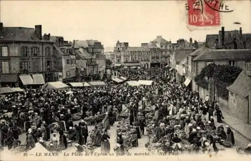 Ak Le Mans Sarthe, Place de l'Éperon an einem Markttag