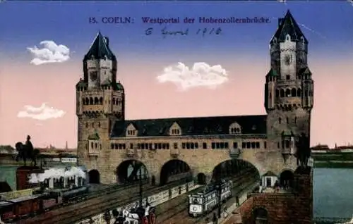 Ak Köln am Rhein, Westportal Hohenzollernbrücke, Straßenbahn, Dampflok, Pferdekutsche