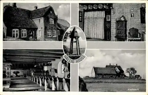 Ak Hallig Hooge in Nordfriesland, Königspesel, Kirchwarft, Glockenturm, Innenraum der Kirche