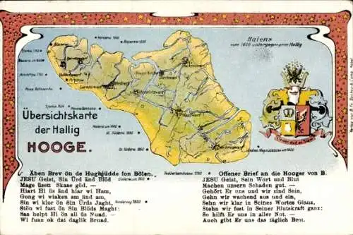 Wappen Landkarten Ak Hallig Hooge in Nordfriesland, Hanswarf, Backenswarf