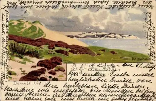 Künstler Litho Müller, P., List auf Sylt, Dünen Meer und Möwen