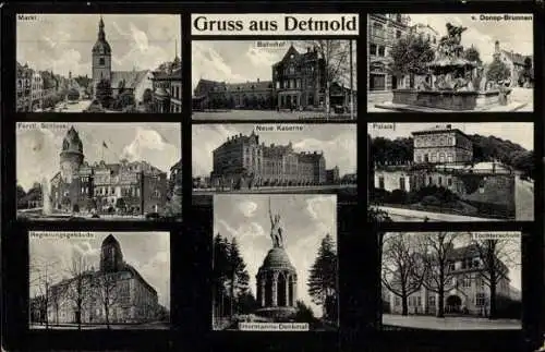 Ak Detmold in Nordrhein Westfalen, Markt, Bahnhof, Fürstl. Schloss, Neue Kaserne, Hermannsdenkmal