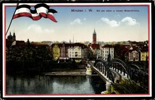Ak Minden in Westfalen, alte und neue Weserbrücke, Fahne