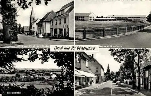 Ak Preußisch Oldendorf in Westfalen, Post und Kirche, Neue Volksschule, Teilansicht, Spiegelstraße