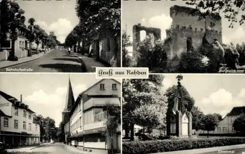 Ak Rahden in Ostwestfalen Lippe, Bahnhofstraße, Burgruine, Gerichtsstraße, Ehrenmal