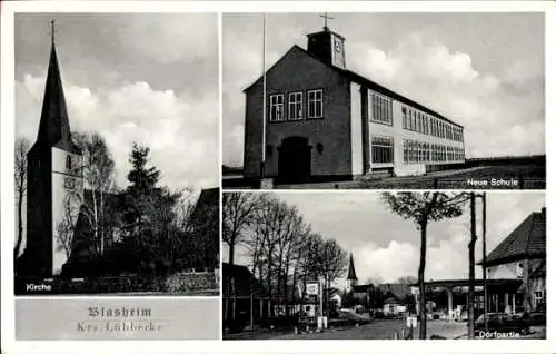 Ak Blasheim Lübbecke in Westfalen, Neue Schule, Kirche, Dorfpartie, Tankstelle