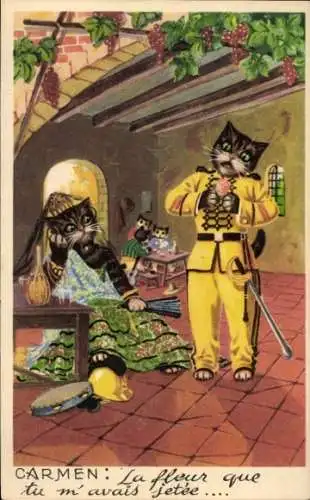 Ak Vermenschlichte Katzen, Liebeserklärung, Katze in Uniform, Säbel