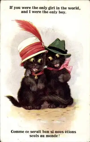Ak Kuschelndes Katzenpaar mit Hüten