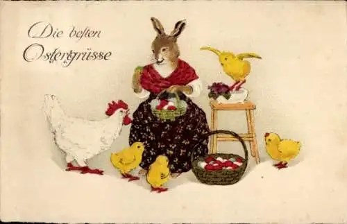 Ak Glückwunsch Ostern, Osterhase, Henne, Küken, Ostereier