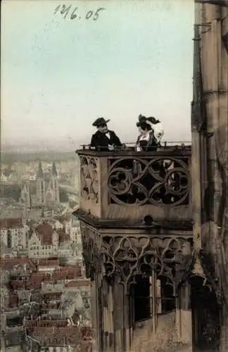 Ak Straßburg Elsass Bas Rhin, Plattform vom Münster, Frau in Tracht, Mann