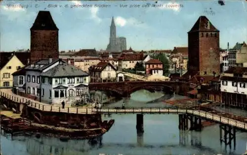 Ak Strasbourg Straßburg Elsass Bas Rhin, Blick von den gedeckten Brücken