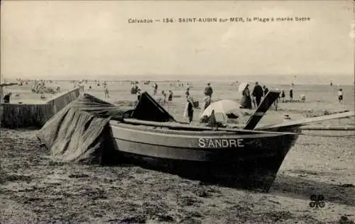Ak Saint Aubin sur Mer Calvados, Strand bei Ebbe