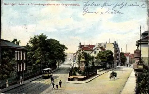 Ak Solingen im Bergischen Land, Kaiserstraße, Cronenbergerstraße mit Kriegerdenkmal, Straßenbahn