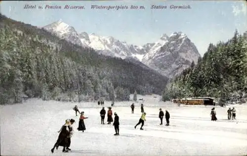 Ak Garmisch Partenkirchen in Oberbayern, Hotel und Pension Rissersee, Eisläufer