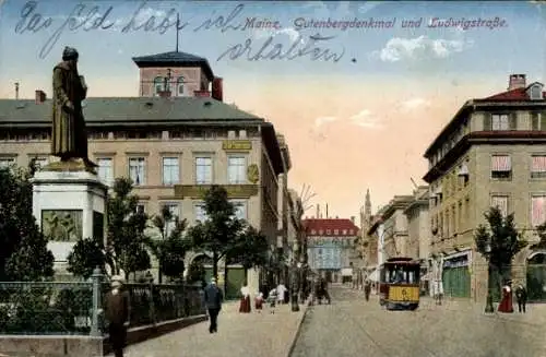Ak Mainz am Rhein, Gutenbergdenkmal, Ludwigstraße, Straßenbahn