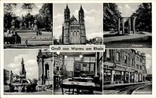 Ak Worms am Rhein, Lutherdenkmal, Dom, Ehrenmal, Siegfriedbrunnen, Central Automat, Kämmerstr.