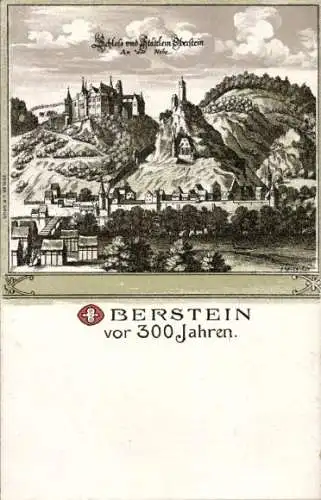 Litho Idar Oberstein an der Nahe, Schloss und Stadtansicht vor 300 Jahren
