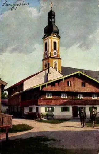 Ak Lenggries Isar, Blick zum Almhaus, Kirche