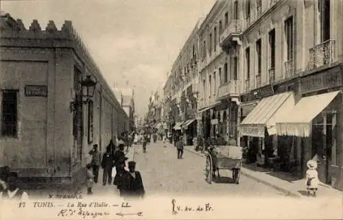 Ak Tunis Tunesien, La Rue d'Italie, Italianische Straße mit Geschäften