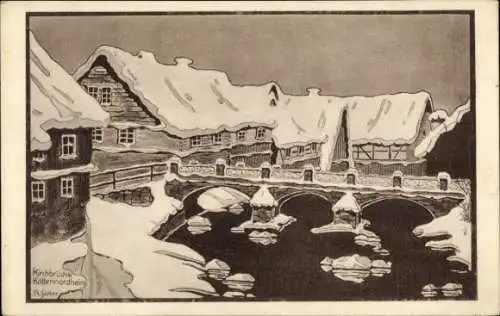 Künstler Ak Kaltennordheim in der Rhön, Kirchbrücke, Winter