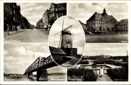 Ak Rheinhausen Duisburg im Ruhrgebiet, Rathaus, Windmühle, Rheinbrücke, Friedrich-Alfred-Straße