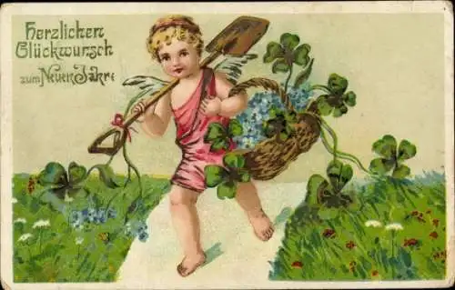 Ak Glückwunsch Neujahr, Engel, Schaufel, Glücksklee