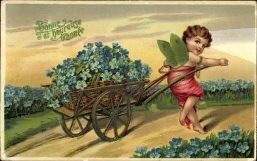 Ak Glückwunsch Neujahr, Engel, Karre, Vergissmeinnicht