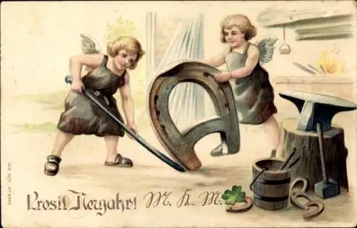 Präge Litho Glückwunsch Neujahr, Engel als Schmiede, Hufeisen