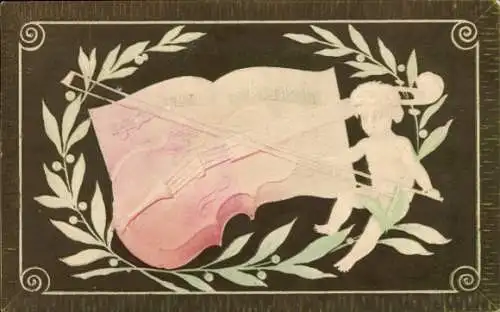 Präge Ak Kitsch, Engel, Geige, Mistelzweige