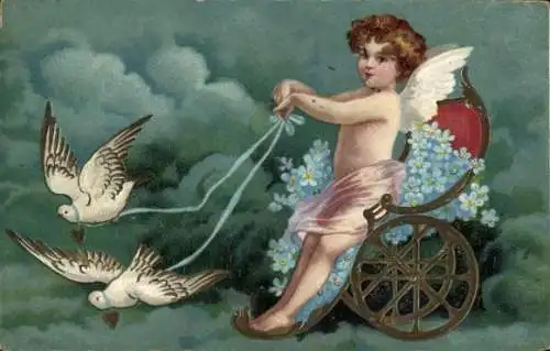 Präge Ak Engel, Blumen, Tauben, Vergissmeinnicht