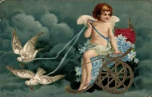 Präge Litho Engel, Tauben, Vergissmeinnicht