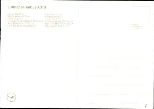 Ak Passagierflugzeug der Lufthansa, Airbus A310