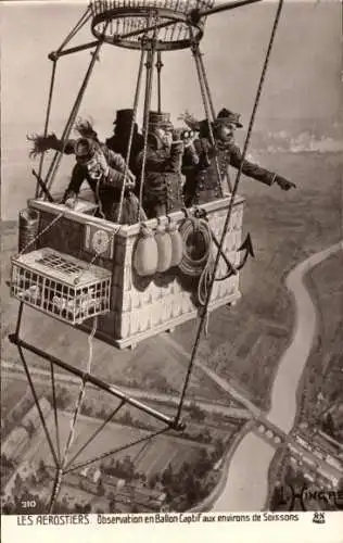 Künstler Ak Soissons, Beobachtungen aus einem Fesselballon heraus