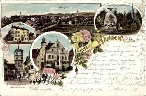 Litho Wangen im Allgäu, Kaiserdenkmal, Rathaus, Ravensburger Tor, Kriegerdenkmal