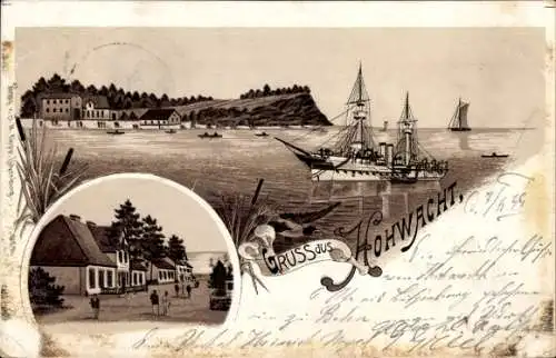 Litho Hohwacht in Schleswig Holstein, Hafenpartie, Straßenpartie