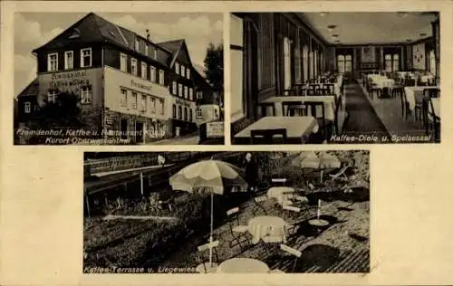 Ak Oberwiesenthal im Erzgebirge, Fremdenhof, Restaurant, Speisesaal, Liegewiese